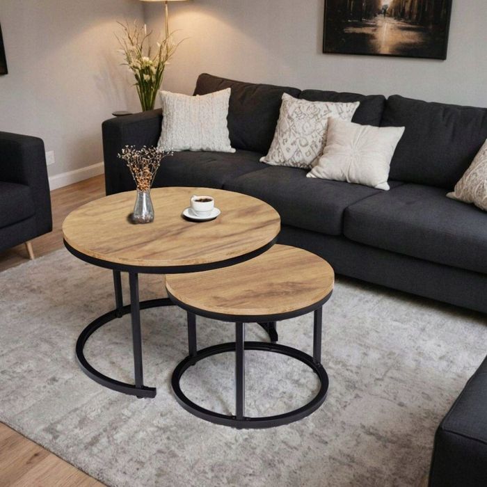 Dekoracja wnętrza zestaw stolików loft craft dąb metalowy