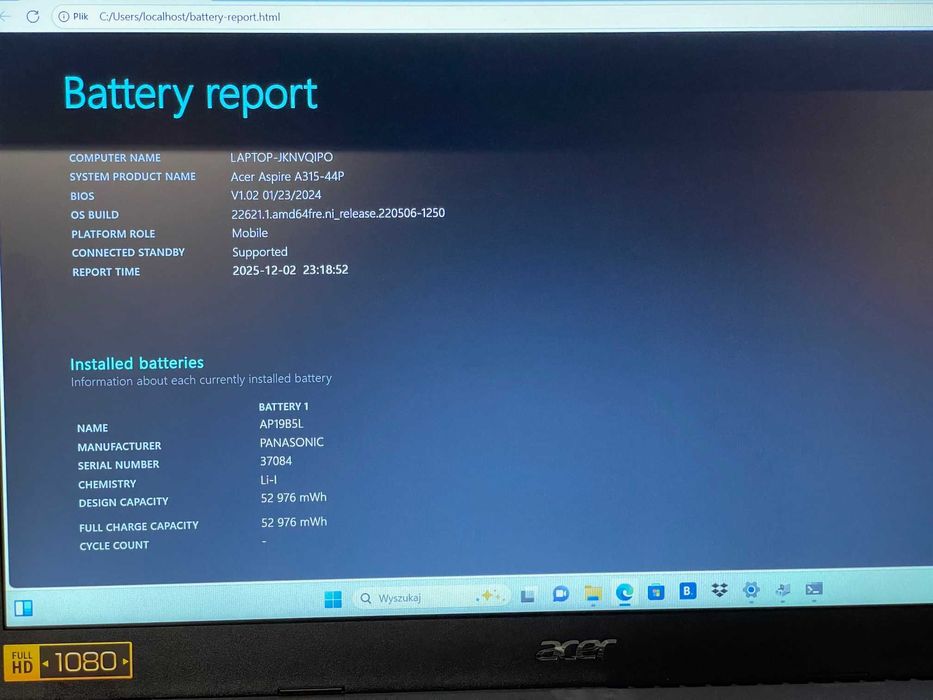 Laptop Acer Aspire 3 15.6" IPS R5-5500U 16GB  512GB SSD Win11 Home