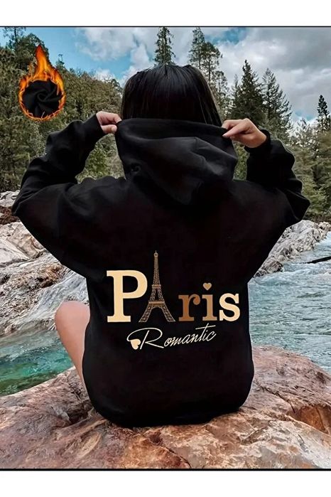 Czarna bluza z kapturem z nadrukiem paris romantic s 5ia