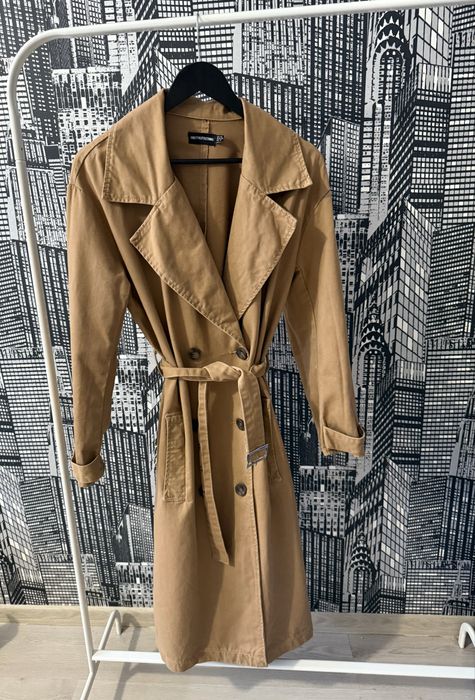 Довгий жіночій тренч на весну PLT стильний двобортний тренч з поясом
