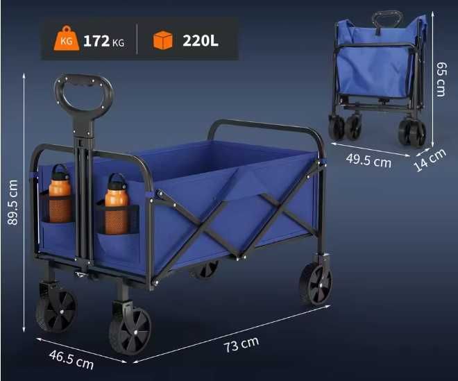 Carrinho de Mão / Trolley de Transporte Dobrável XL (Até 172 kg / 220L) - Novo