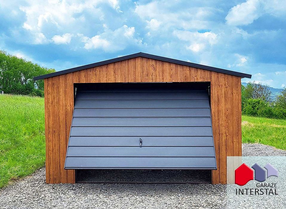 Garaż Blaszany 4x5 Drewnopodobny Garaże Orzech poziomy układ + Obróbki