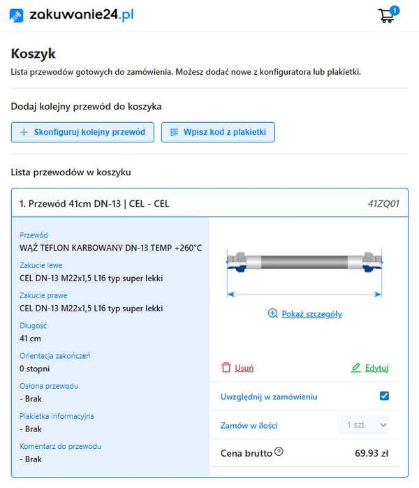 Przewód hydrauliczny 13 mm | 110 bar | TEFLON karbowany