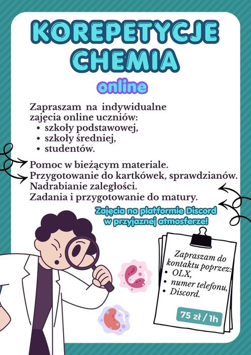 Korepetycje z chemii - online, zdalnie [szkoła podstawowa, średnia, studia] Zapraszam!
