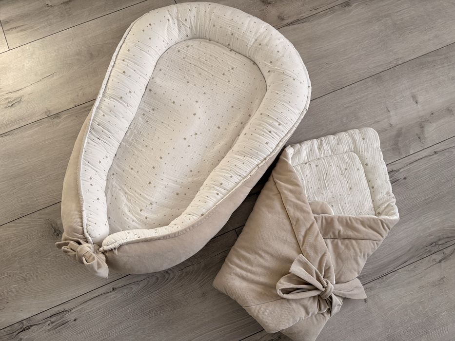 Zestaw muślinowy kokon gniazdko niemowlęce + rożek welur muślin beżowy