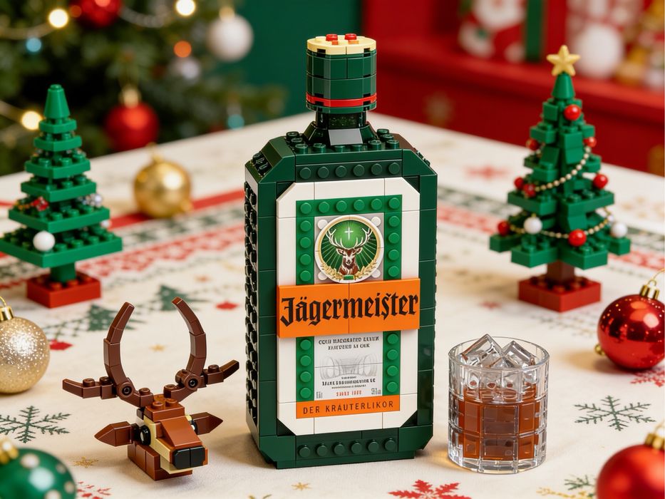 Набір LEGO у вигляді пляшки Jägermeister деталізований лего Егермейстер з головою оленя та рюмкою