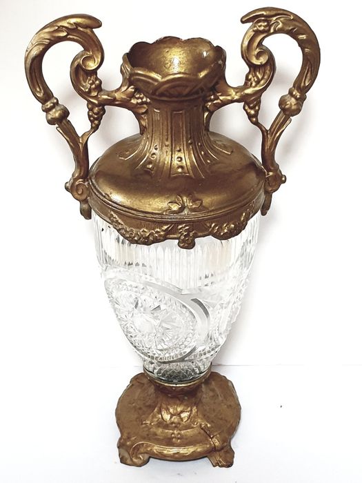 Vintage Art Nouveau crystal jug with cast metal frame