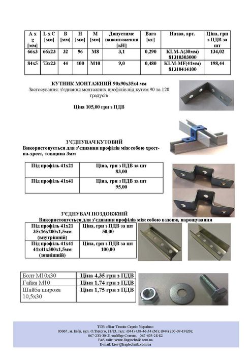 Кріплення для сон панелей:профілі оцинк.41х41,41х21,41х82та НЕРЖ.30х30