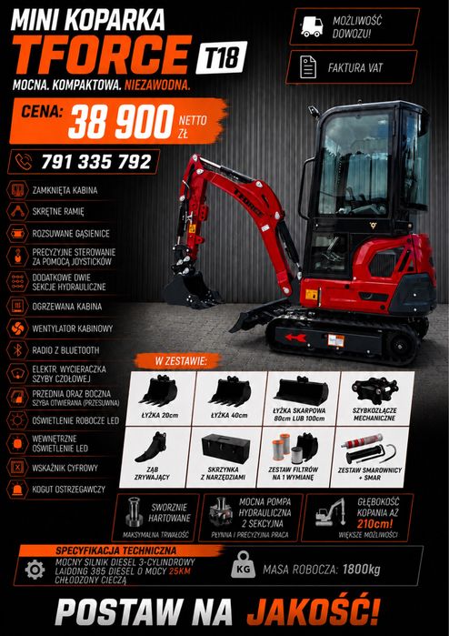 2026! NOWA Minikoparka TFORCE T18 1800kg FULL WYPOSAŻENIE MOCNA 25KM DIESEL 3-Cylindry