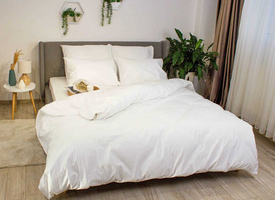 Постільна білизна євро Страйп Сатин біла, постельное белье евро