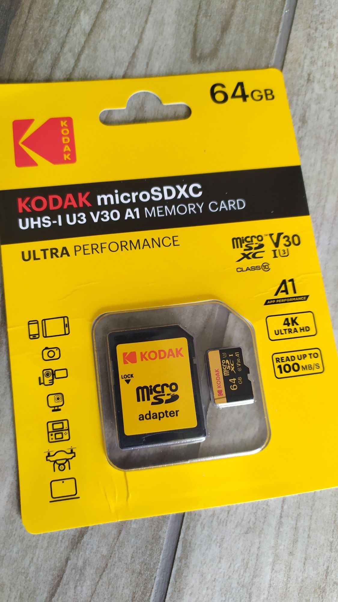 Карта памяти 64 Гб Kodak MicroSD скоростная 4K в телефон камеру и т.п ...
