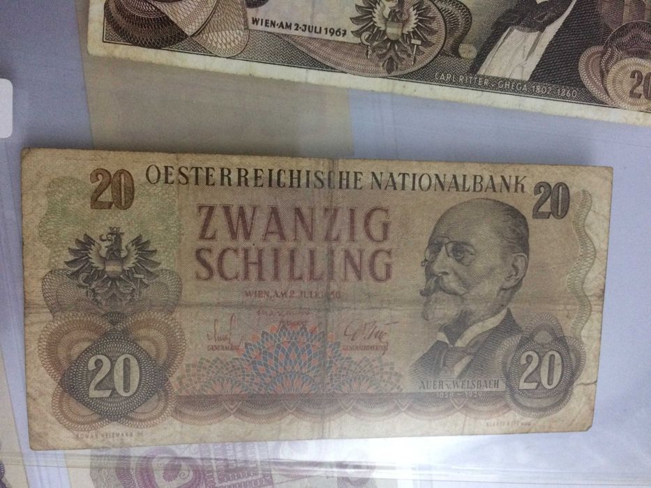 ÁUSTRIA 3 Notas de 20 Schilings usadas, em BC de 1956, 1967 e 1986