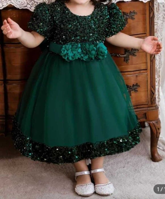 Sukienka wizytowa 130 butelkowa zieleń cekiny wizytowa midi wesele