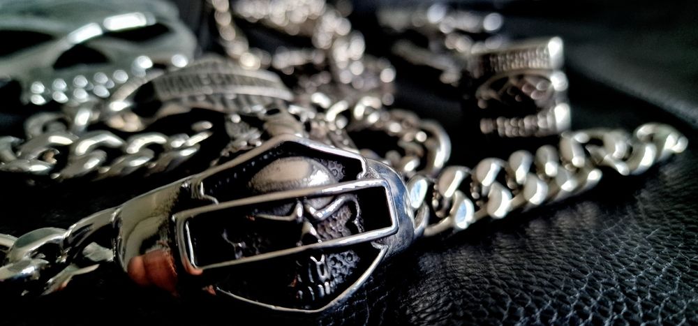 Stalowa masywna efektowna bransoletka czaszka Harley chopper motocyklo