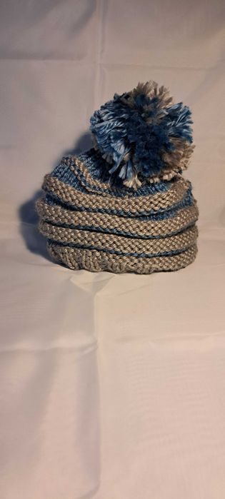 Czapka zimowa wełniana szaro-niebieska handmade
