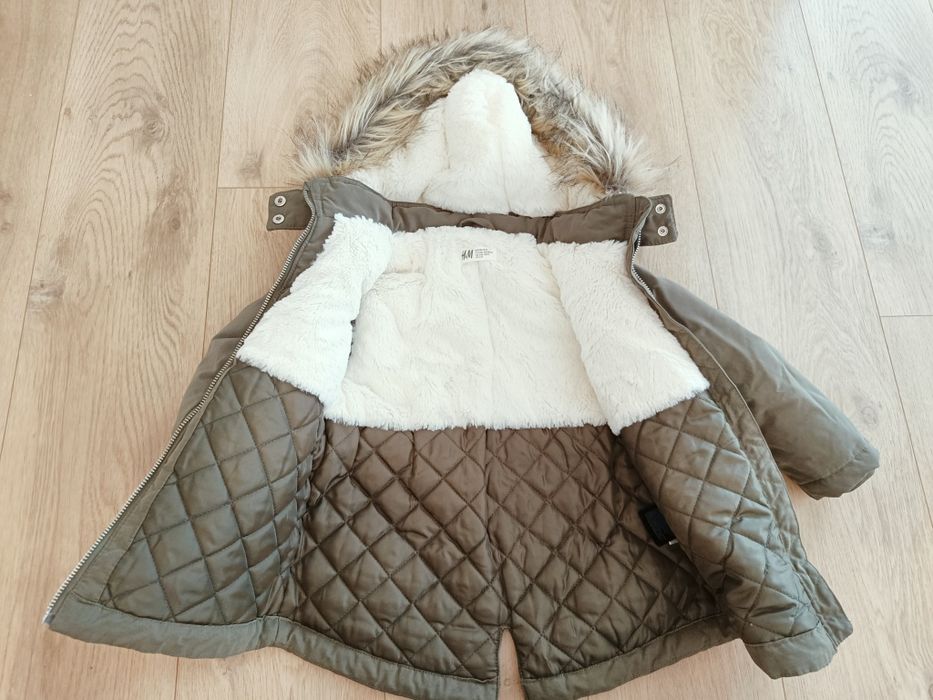 HM watowana parka, rozmiar 98, zieleń khaki, na futerku