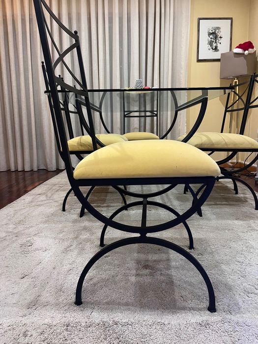 Conj. Mesa vidro/ferro e 6 cadeiras para sala de jantar