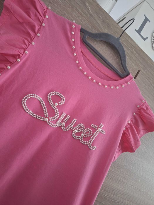 Różowy t-shirt napis perełki M/ L