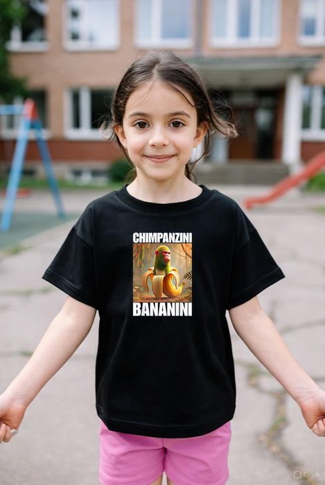Koszulka dziecięca czarna chimpanzini bananini - Brainrot prezent 140