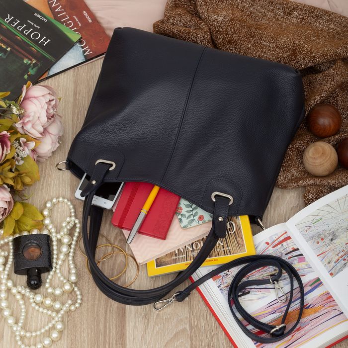 VERA PELLE torebka skórzana shopper z paskiem na ramię V658 granatowa