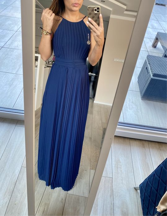 Asos sukienka plisowana granatowa 36 s dluga plisy
