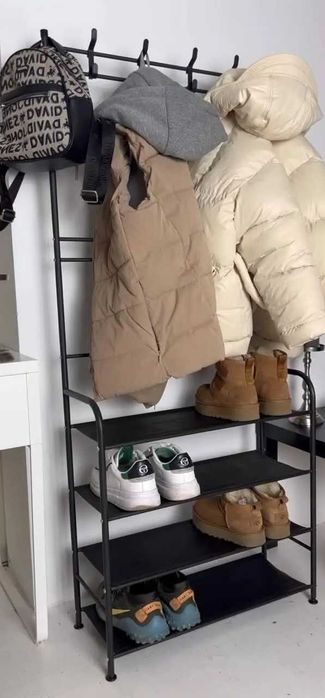 Вешалка напольная с крючками для одежды и полками для обуви, прихожей