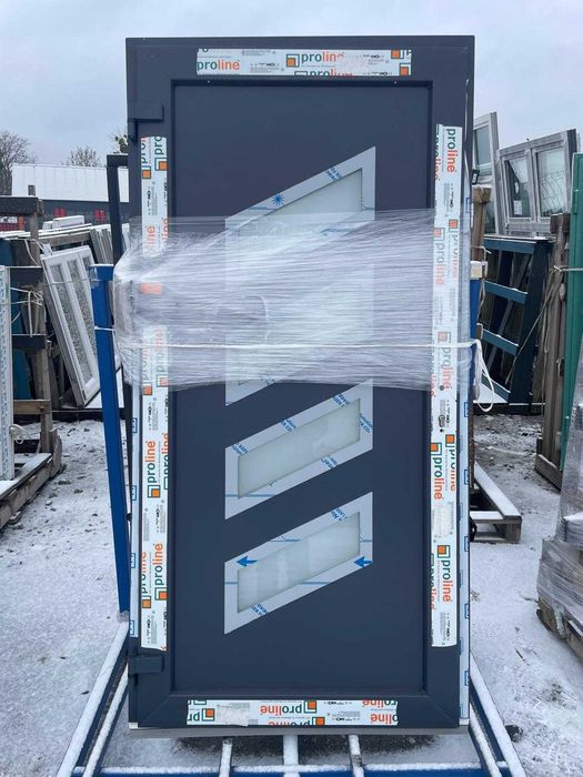 Drzwi PCV 105x210 Antracyt niski próg, INOX przeszklenie