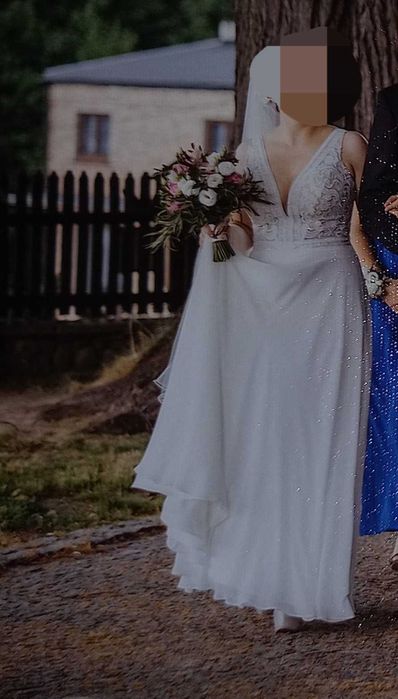 Suknia ślubna, boho ramiączka kremowy gorset - Gratis welon!