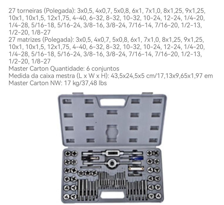 Conjunto machos e fêmeas para roscar - 60 peças