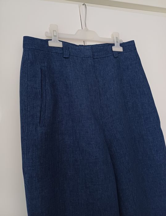 Massimo Dutti lniane spodnie szerokie barrel granatowe niebieskie letnie 100% len