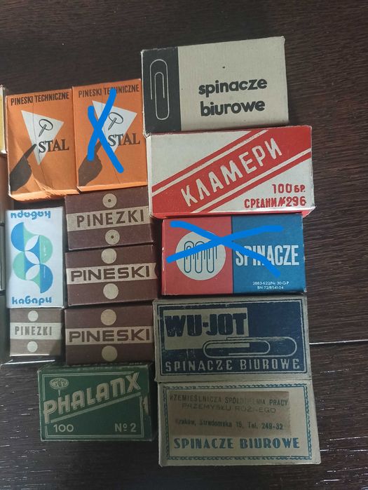 Zestaw 23 pudełek z lat 50~80 opakowań na pinezki, spinacze, zszywki