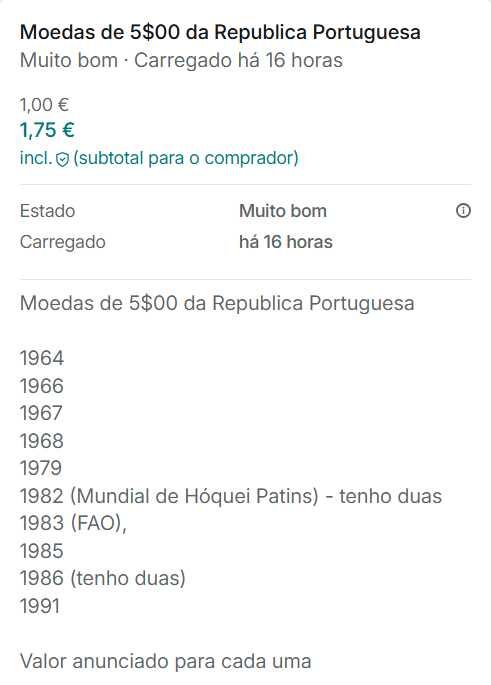 Moedas de 5$00 da Republica Portuguesa