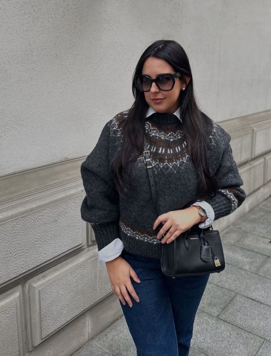 Zara sweter żakardowy grafit s 36 norweski print