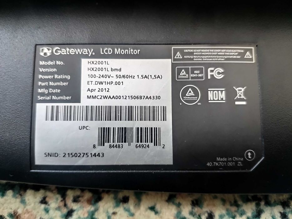 Монітор 20" Gateway HX2001L 1600 x 900