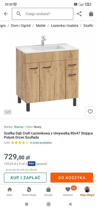 Szafka Dąb Craft Łazienkowa z Umywalką 80 x 47 drzwi szuflada