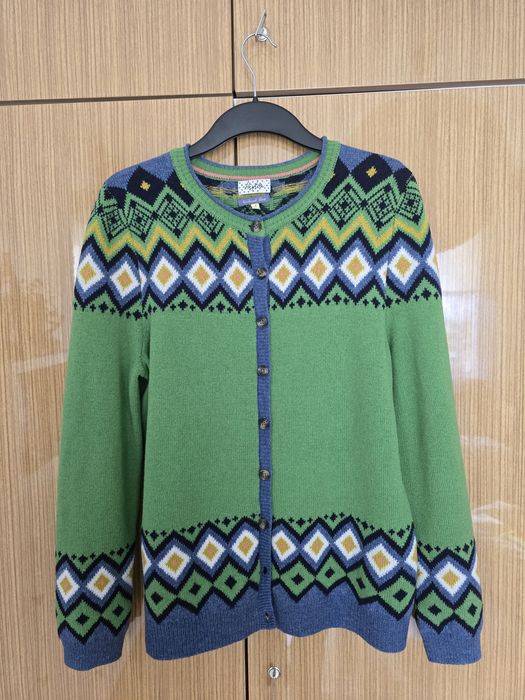 sweter kardigan wzorzysty zielony wełna jagnięca vintage retro heyton