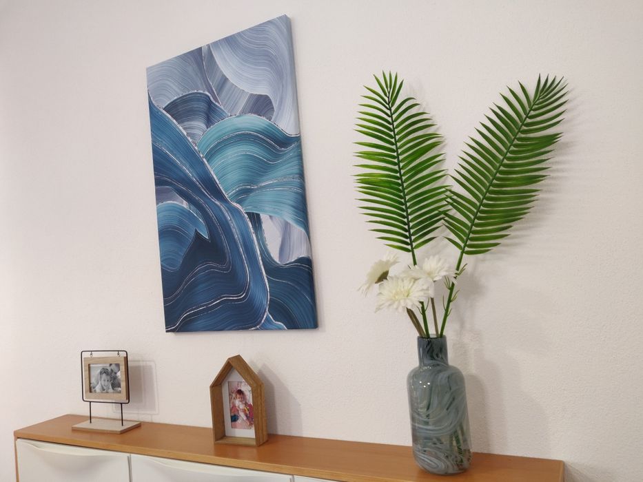 Tela grande abstrata azul , verde água e prata 54x85