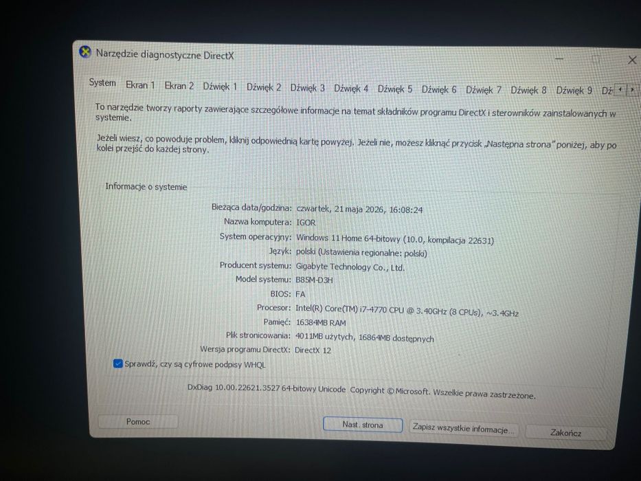 Komputer stacjonarny do gier i pracy – i7 / GTX 1050 Ti / 16 GB RAM / SSD 500 GB