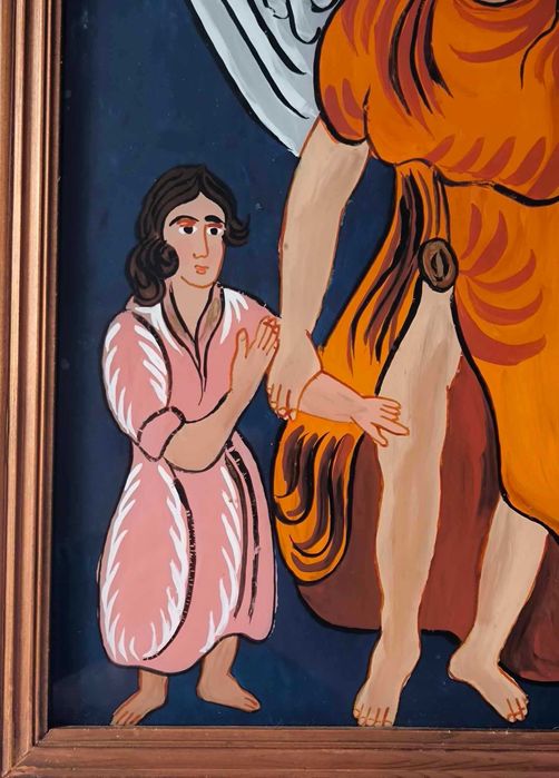 Stary polski obraz religijny Anioł malowany na szkle, Design Vinage