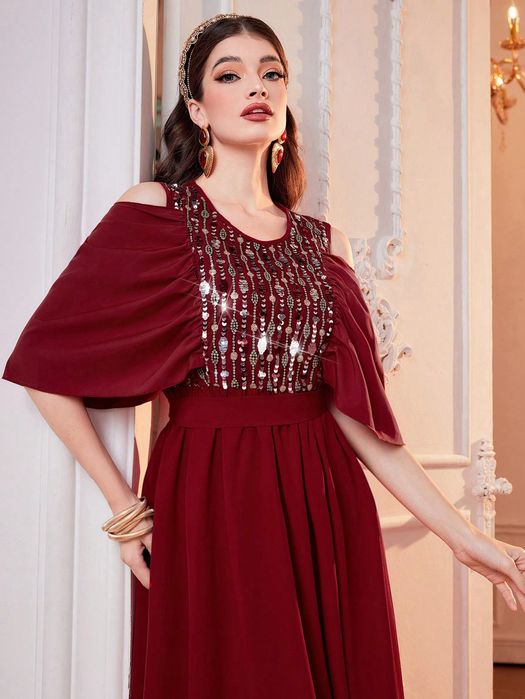 Sukienka Elegancka Rozkloszowana Z Cekinowym Dekoltem Maxi Shein L 40