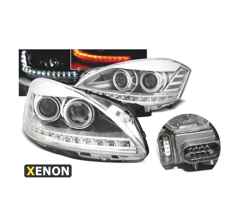 FARÓIS XENON MERCEDES CLASSE S W221 05-09 LUZ DIURNA FUNDO CROMADO