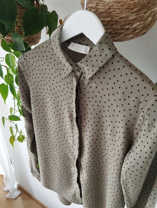 Wiosenna koszula w kropki, khaki, czarne groszki, kryta listwa, 100% w