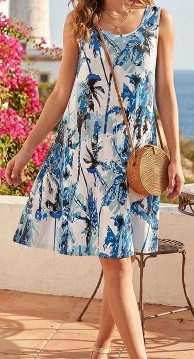 Vestido Verão Tropical Azul & Preto Tam. S Pouco Usado