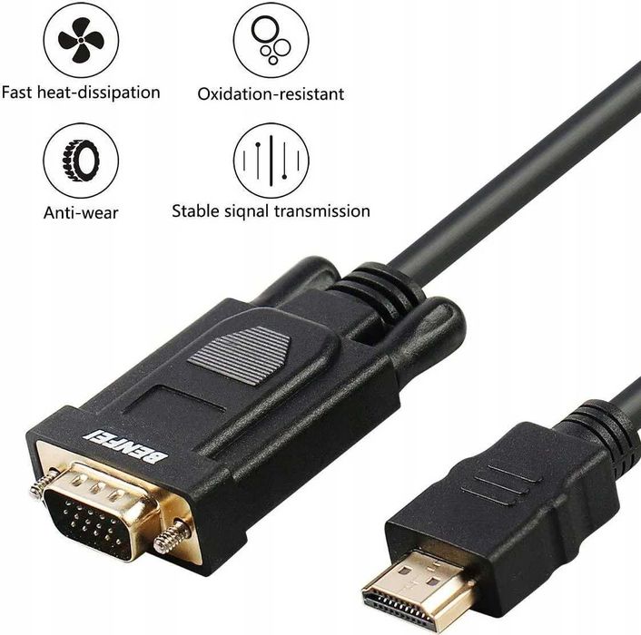 BENFEI Adapter HDMI na VGA 1.8 m – Pozłacany Kabel | Full HD