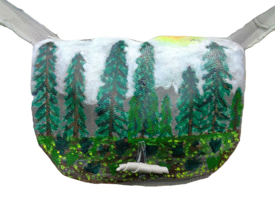 Artystyczna mała skórzana torebka z górskim widokiem. Handmade