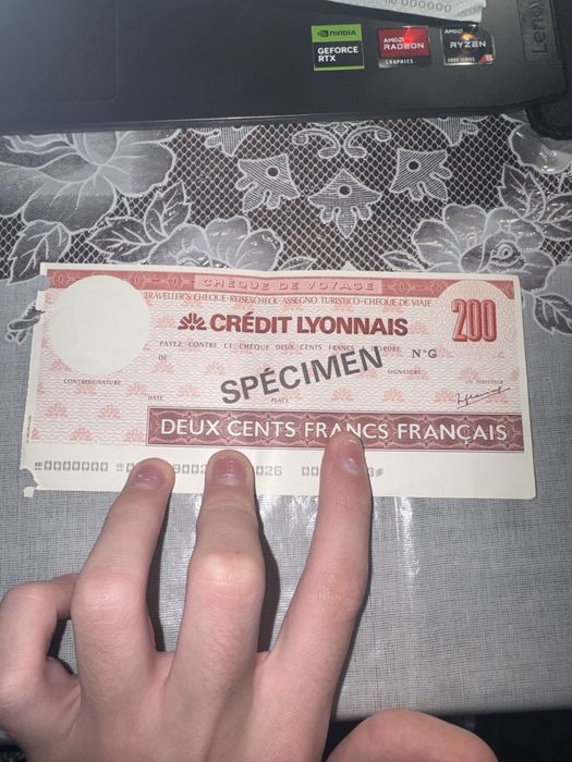 дорожный чек Crédit Lyonnais  200 французских франков
