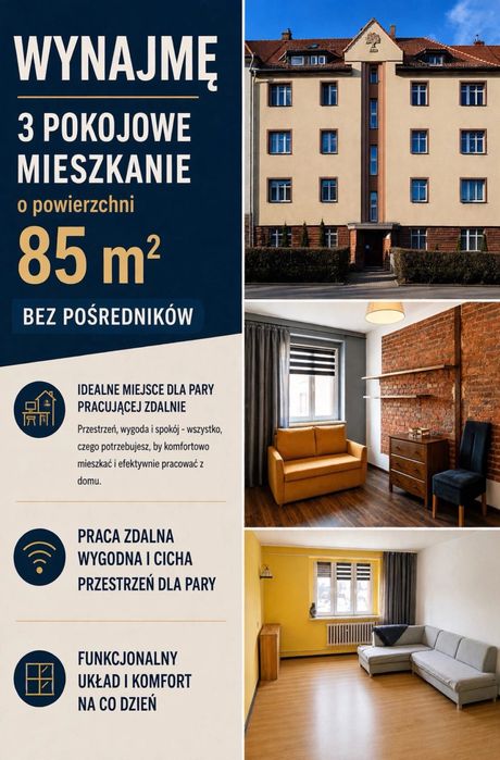 Do wynajęcia: przestronne 3-pokojowe mieszkanie 85 m² w centrum Jeleniej Góry