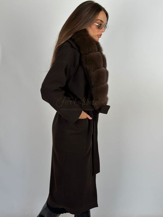 Жіноче шоколадне кашемірове пальто з натуральним хутро песця,42-56 р