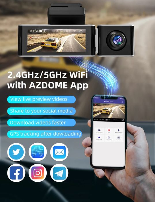 Відеореєстратор на 3 камери AZDOME M550 Pro Wi-Fi ідеальний для таксі