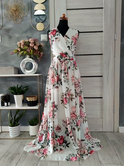 Kwiatowa sukienka na komunię długa maxi suknia w kwiaty rozmiar XXL 44